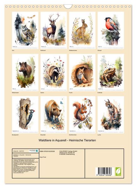 Produktbild: Waldtiere in Aquarell - Heimische Tierarten (Wandkalender 2026 DIN A3 hoch), CALVENDO Monatskalender