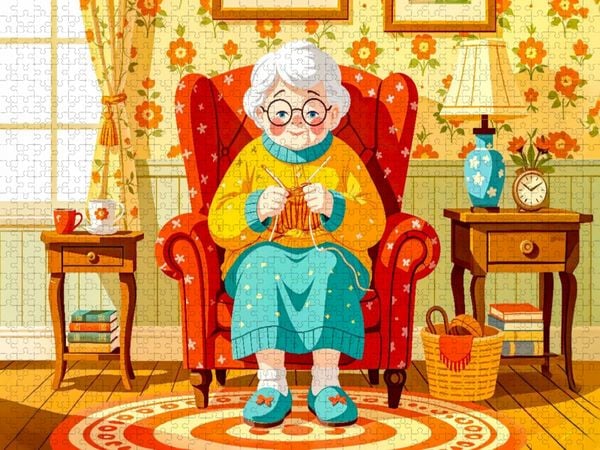 Produktbild: CALVENDO Puzzle Oma strickt zufrieden im bequemen Sessel zu Hause | 2000 Teile Lege-Gr&ouml;&szlig;e 90x67cm Foto-Puzzle f&uuml;r gl&uuml;ckliche Stunden