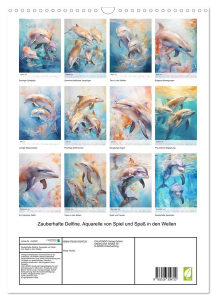 Produktbild: Zauberhafte Delfine. Aquarelle von Spiel und Spa&szlig; in den Wellen (Wandkalender 2026 DIN A3 hoch), CALVENDO Monatskalender