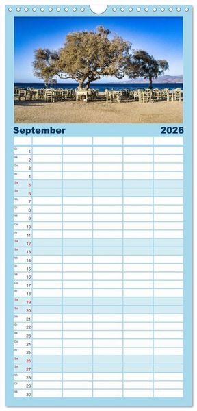 Produktbild: Familienplaner 2026 - Die Insel Naxos - Ein Traum in blau und wei&szlig; mit 5 Spalten (Wandkalender, 21 x 45 cm) CALVENDO