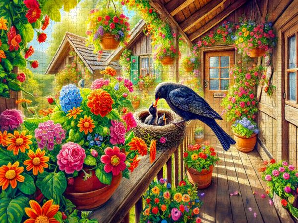 Produktbild: CALVENDO Puzzle Amsel f&uuml;ttert ihre Jungen im Nest auf der Veranda | 1000 Teile Lege-Gr&ouml;&szlig;e 64x48cm Foto-Puzzle f&uuml;r gl&uuml;ckliche Stunden