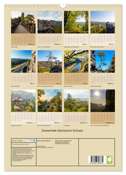 Produktbild: Zauberhafte S&auml;chsische Schweiz (Wandkalender 2026 DIN A3 hoch), CALVENDO Monatskalender