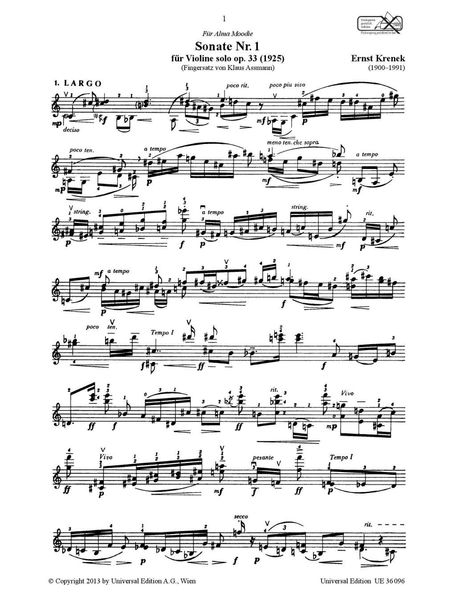 Produktbild: Krenek, E: Sonate Nr. 1 op. 33 f&uuml;r Violine solo