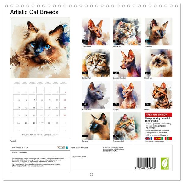 Produktbild: Artistic Cat Breeds (Wall Calendar 2026 12 &times; 12 Inch) CALVENDO 12 Month Wall Calendar