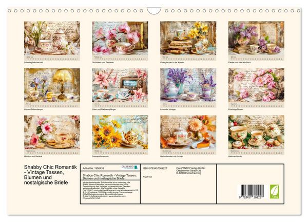 Produktbild: Shabby Chic Romantik - Vintage Tassen, Blumen und nostalgische Briefe (Wandkalender 2026 DIN A3 quer), CALVENDO Monatskalender