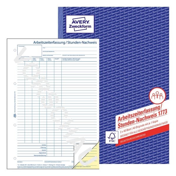 Produktbild: AVERY Zweckform Arbeitszeiterfassung Stundennachweis selbstdurchschreibend DIN A4 2x40 Blatt