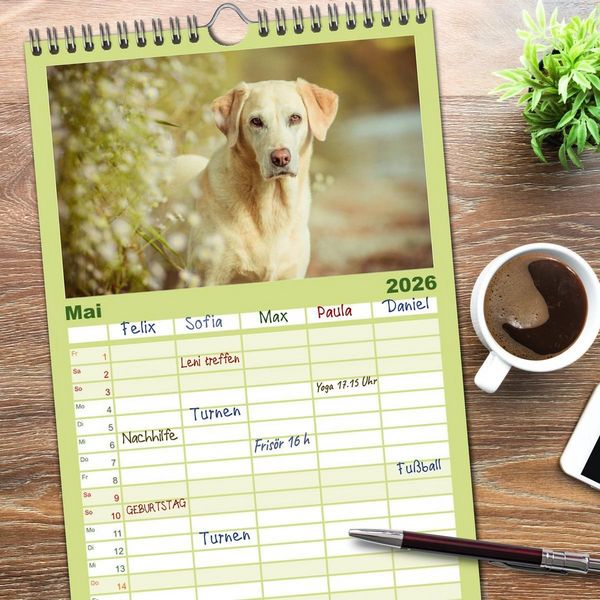 Produktbild: Familienplaner 2026 - Faszination Labrador - gelb, foxred, schwarz mit 5 Spalten (Wandkalender, 21 x 45 cm) CALVENDO