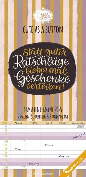 Cute as a button 2025 Familienplaner - Familien-Timer - Termin-Planer - Kinder-Kalender - Familien-Kalender - 22x45