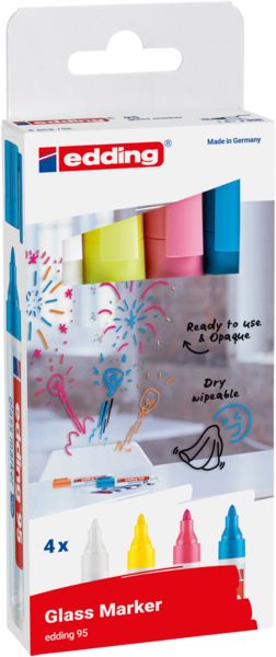 Produktbild: EDDING&reg; Glasboard Marker 95, 4er Etui (weiss, gelb, rosa, hellblau) Kartonetui