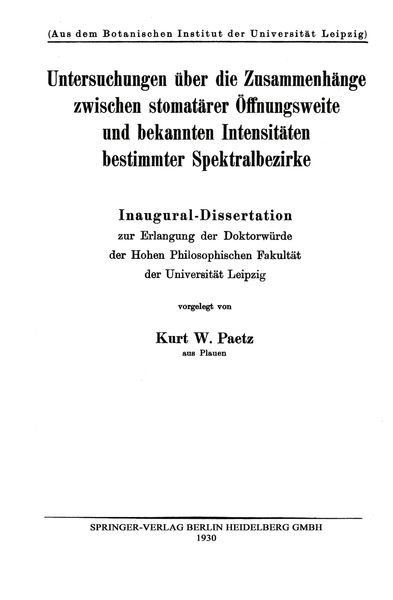 Produktbild: Untersuchungen &uuml;ber die Zusammenh&auml;nge zwischen stomat&auml;rer &Ouml;ffnungsweite und bekannten Intensit&auml;ten bestimmter Spektralbezirke
