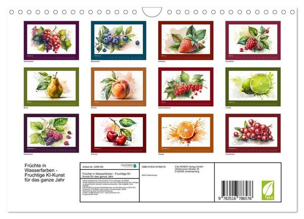 Produktbild: Fr&uuml;chte in Wasserfarben - Fruchtige KI-Kunst f&uuml;r das ganze Jahr (Wandkalender 2027 DIN A4 quer), CALVENDO Monatskalender