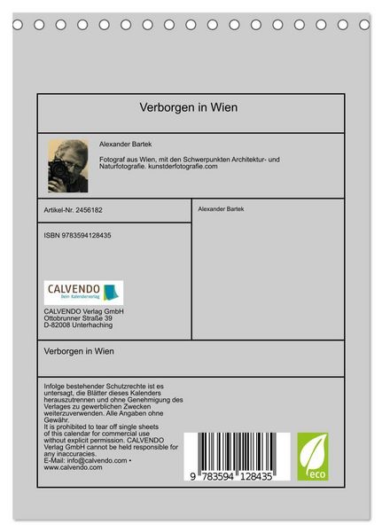 Produktbild: Verborgen in Wien (Tischkalender 2027 DIN A5 hoch), CALVENDO Monatskalender