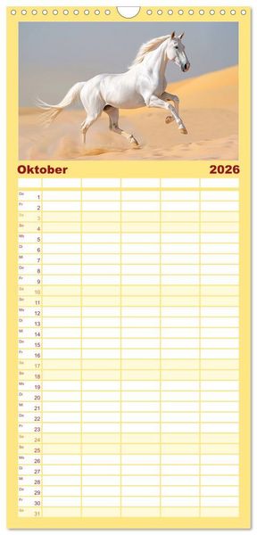 Produktbild: Familienplaner 2026 - Bezaubernde Eleganz wei&szlig;er Pferde mit 5 Spalten (Wandkalender, 21 x 45 cm) CALVENDO