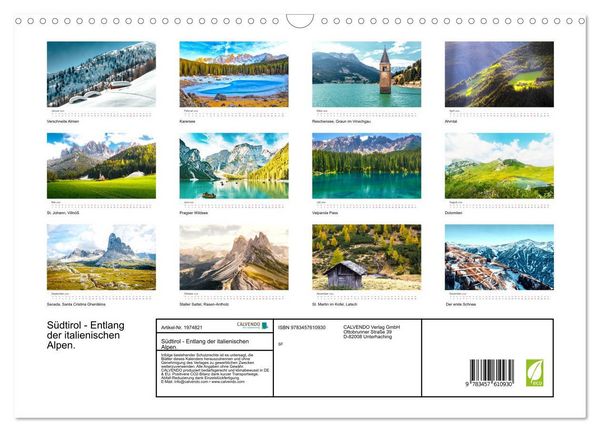 Produktbild: S&uuml;dtirol - Entlang der italienischen Alpen. (Wandkalender 2026 DIN A3 quer), CALVENDO Monatskalender