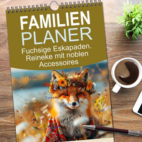 Produktbild: Familienplaner 2026 - Fuchsige Eskapaden. Reineke mit noblen Accessoires mit 5 Spalten (Wandkalender, 21 x 45 cm) CALVENDO