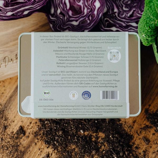 Produktbild: Saatgut Bio-Saatgutbox Wintergem&uuml;se in Wei&szlig;blechdose, mit 6 Sorten