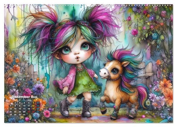 Produktbild: Kunterbunte Freundschaften - Fr&ouml;hliche M&auml;dchen und ihre tierischen Freunde (hochwertiger Premium Wandkalender 2026 DIN A2 quer), Kunstdruck in Hochglanz