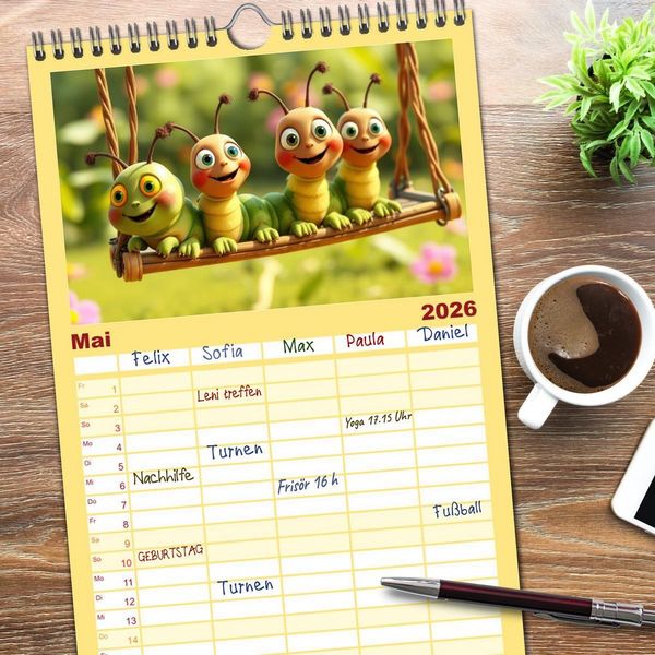 Produktbild: Familienplaner 2026 - Raupen-Rabatz - Ein Jahr voller Krabbelspa&szlig; mit 5 Spalten (Wandkalender, 21 x 45 cm) CALVENDO