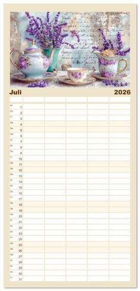 Produktbild: Familienplaner 2026 - Shabby Chic Romantik - Vintage Tassen, Blumen und nostalgische Briefe mit 5 Spalten (Wandkalender, 21 x 45 cm) CALVENDO