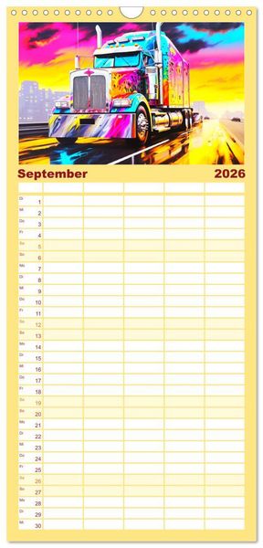 Produktbild: Familienplaner 2026 - Langhauber Paintings. Trucks in lebendigen Farben mit 5 Spalten (Wandkalender, 21 x 45 cm) CALVENDO