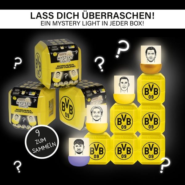Produktbild: Eggys Mystery Lights x BVB Akku Nachtlicht Sammelbox mit praktischem Anh&auml;nger