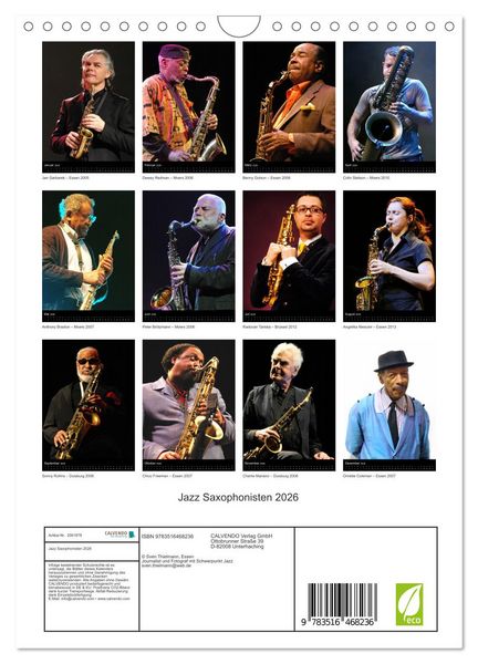 Produktbild: Jazz Saxophonisten 2026 (Wandkalender 2026 DIN A4 hoch), CALVENDO Monatskalender