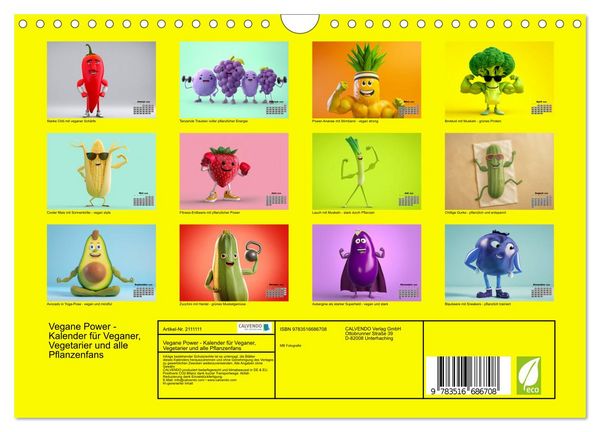 Produktbild: Vegane Power - Kalender f&uuml;r Veganer, Vegetarier und alle Pflanzenfans (Wandkalender 2026 DIN A4 quer), CALVENDO Monatskalender