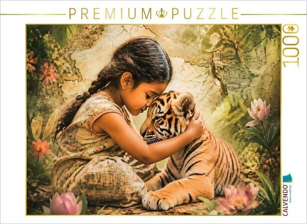 CALVENDO Puzzle Vertrauen im Dschungel. Indisches Mädchen & Tigerjunges | 1000 Teile Lege-Größe 64x48cm Foto-Puzzle für glückliche Stunden