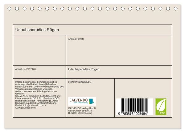 Produktbild: Urlaubsparadies R&uuml;gen (Tischkalender 2026 DIN A5 quer), CALVENDO Monatskalender