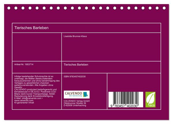 Produktbild: Tierisches Barleben (Tischkalender 2026 DIN A5 quer), CALVENDO Monatskalender