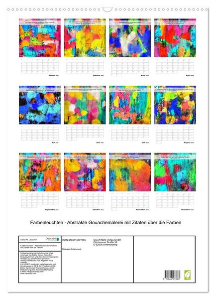 Produktbild: Farbenleuchten - Abstrakte Gouachemalerei mit Zitaten &uuml;ber die Farben (Wandkalender 2026 DIN A2 hoch), CALVENDO Monatskalender