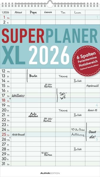 Produktbild: Superplaner XL 2026 6 Spalten - Familien-Timer 26x45 cm - Offset-Papier - mit Ferienterminen - Wand-Planer - Familienkalender - Alpha Edition