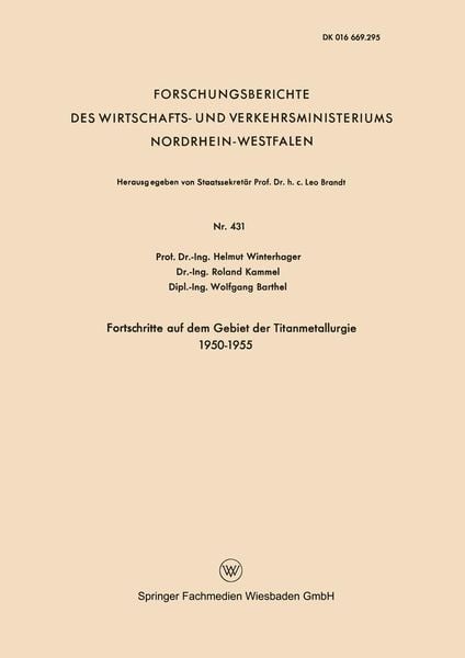 Produktbild: Fortschritte auf dem Gebiet der Titanmetallurgie 1950&ndash;1955