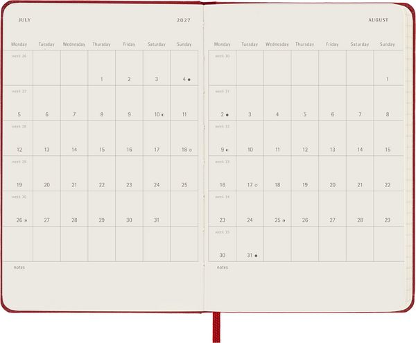 Produktbild: Moleskine 12 Monate Wochen Notizkalender 2027, Pocket/A6, 1 Wo = 1 Seite, rechts linierte Seite, Fester Einband, Scharlachrot
