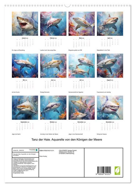 Produktbild: Tanz der Haie. Aquarelle von den K&ouml;nigen der Meere (hochwertiger Premium Wandkalender 2026 DIN A2 hoch), Kunstdruck in Hochglanz