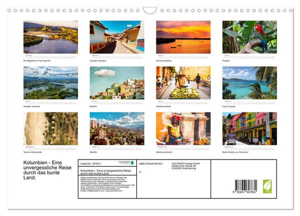 Produktbild: Kolumbien - Eine unvergessliche Reise durch das bunte Land. (Wandkalender 2026 DIN A3 quer), CALVENDO Monatskalender