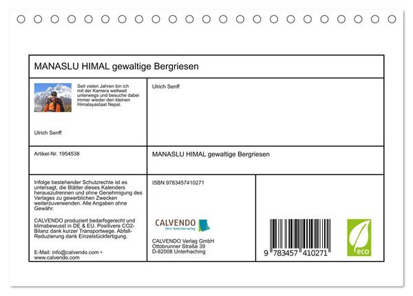 Produktbild: MANASLU HIMAL gewaltige Bergriesen (Tischkalender 2026 DIN A5 quer), CALVENDO Monatskalender