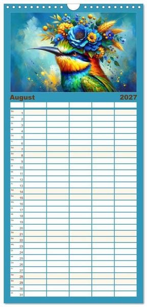 Produktbild: Familienplaner 2027 - Blumige Vogelportr&auml;ts mit 5 Spalten (Wandkalender, 21 x 45 cm) CALVENDO