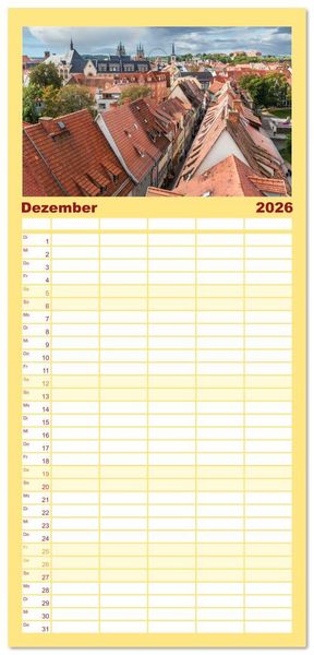 Produktbild: Familienplaner 2026 - Romantisches Erfurt - Reise durch das sch&ouml;ne Th&uuml;ringen mit 5 Spalten (Wandkalender, 21 x 45 cm) CALVENDO