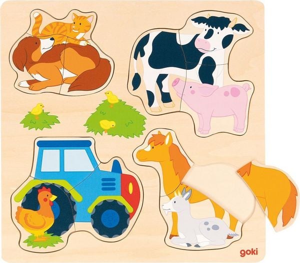 Produktbild: Goki 57430 - Einlegepuzzle Bauernhoftiere, 12-teilig, Holz, 27x27cm