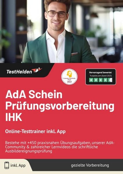 Produktbild: AdA Schein Pr&uuml;fungsvorbereitung IHK: Online-Testtrainer inkl. App | Bestehe mit +450 praxisnahen &Uuml;bungsaufgaben, unserer AdA-Community & zahlreicher Lernvideos die schriftliche Ausbildereignungspr&uuml;fung