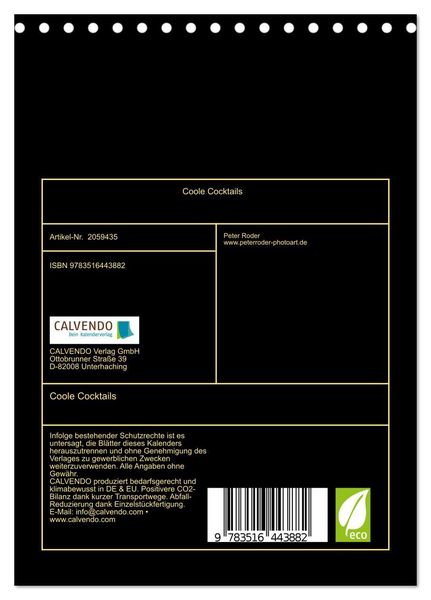 Produktbild: Coole Cocktails (Tischkalender 2026 DIN A5 hoch), CALVENDO Monatskalender