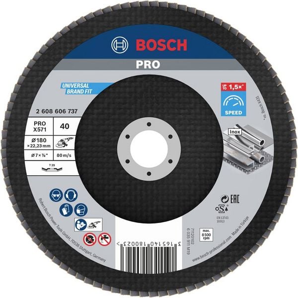 Produktbild: Bosch Accessories 2608606737 X571 F&auml;cherschleifscheibe Durchmesser 180 mm Bohrungs-&Oslash; 22.33 mm K&ouml;rnung (num) 40 Stahl 1 St.
