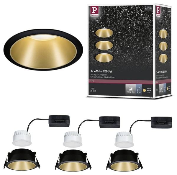 Produktbild: Paulmann Cole Coin 93404 Einbauleuchte 3er Set 2021 Energieeffizienzklasse: n.rel 6 W Warmwei&szlig; Schwarz, Gold