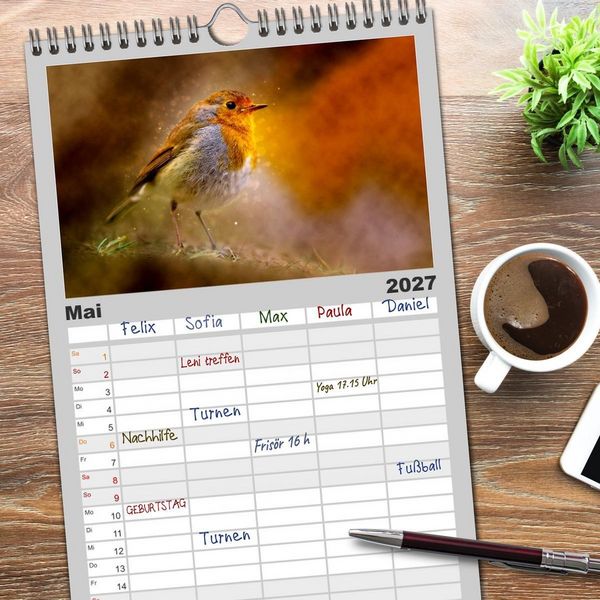 Produktbild: Familienplaner 2027 - Bei uns im Garten - Rotkehlchen mit 5 Spalten (Wandkalender, 21 x 45 cm) CALVENDO