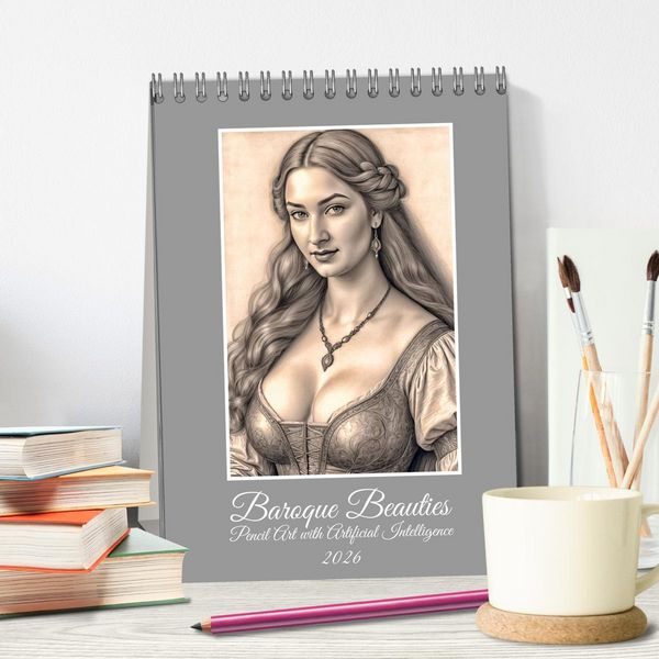 Produktbild: Baroque Beauties, Pencil Art with Artificial Intelligence (Desk Calendar 2026 DIN A5 portrait), CALVENDO 12 Month DeskCalendar