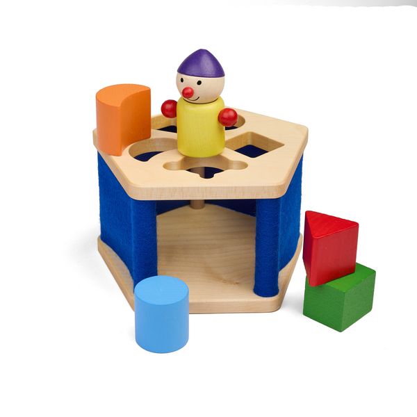 Produktbild: Pfingstweid - Steckbox aus Ahorn mit Wollfilz, mit Wicht Manu und vier bunten Spielkl&ouml;tzchen aus Buche, Holz