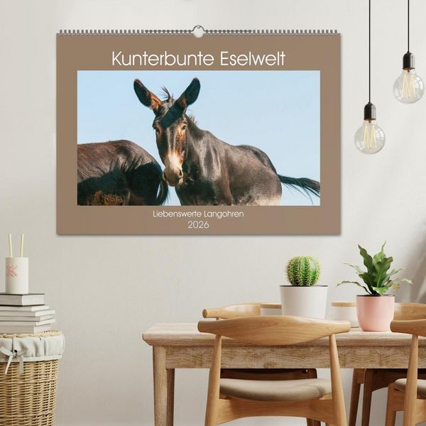 Produktbild: Kunterbunte Eselwelt - Liebenswerte Langohren (Wandkalender 2026 DIN A2 quer), CALVENDO Monatskalender