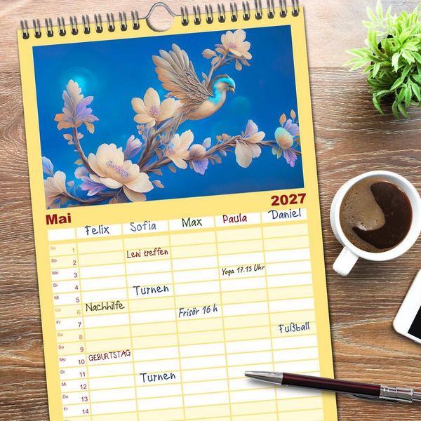 Produktbild: Familienplaner 2027 - Zauberhafte Paradiesv&ouml;gel mit 5 Spalten (Wandkalender, 21 x 45 cm) CALVENDO