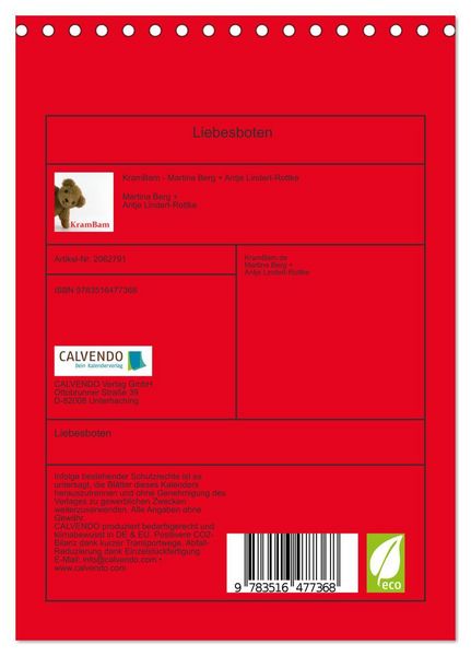 Produktbild: Liebesboten (Tischkalender 2026 DIN A5 hoch), CALVENDO Monatskalender